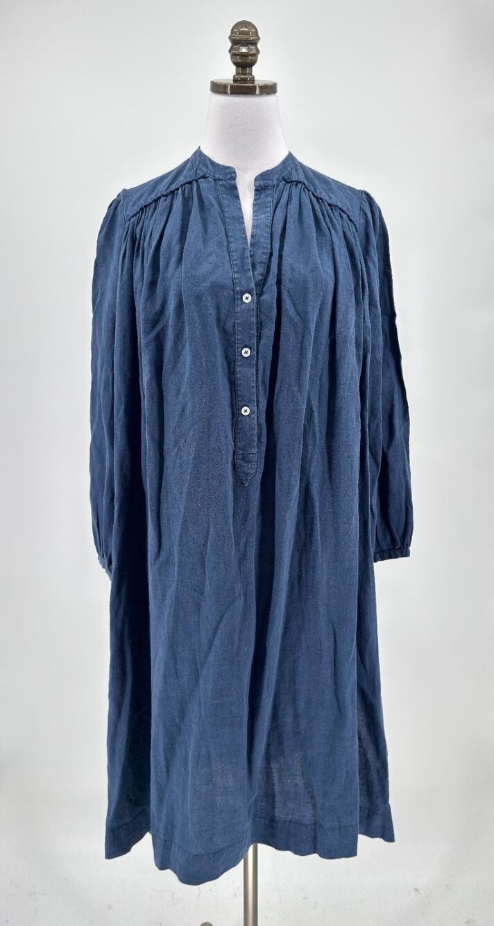 Heidi Merrick Loose Fit Blue Slit Hem V Neck Popover Chambray Dress Sz L